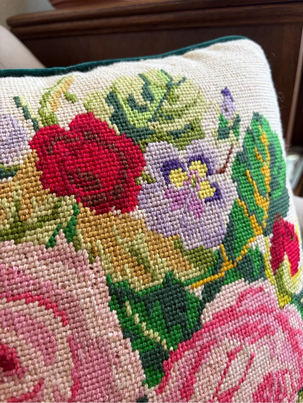 Floral Needlepoint Throw Pillow in Pink and Green - Decorative Home Accent